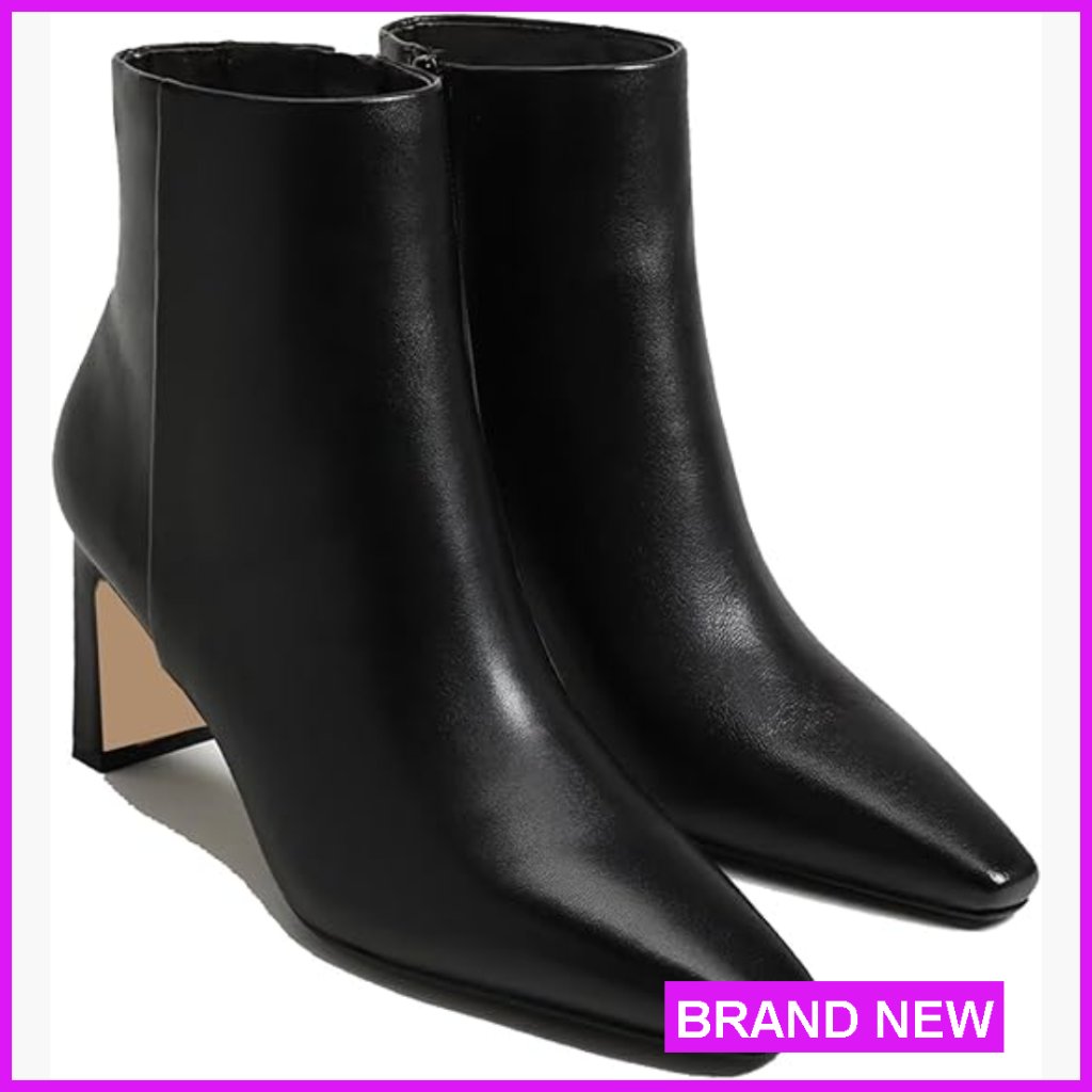 Chunky Heel Ankle Boots Square Toe Suede Leather Side Zipper Winter Booties